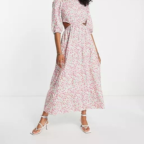 NWT Neon Rose tie back tiered maxi smock dress in pink ditsy floral - Picture 4 of 6